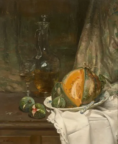 Nature Morte Au Melon Aux Figues Et A La Carafe
