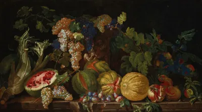 Nature Morte Aux Melons Grenades Raisins Pasteque Et Autres Fruits Et Legumes Sur Un Entablement