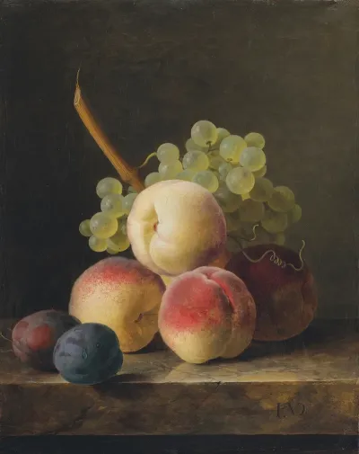 Nature Morte Aux Peches Raisins Et Quetsches Sur Un Entablement