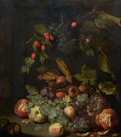 Nature Morte Aux Raisins Pommes Nefles Mures Prunes Et Autres Fruits