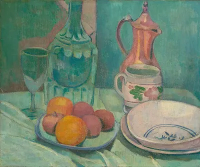 Nature Morte Carafe Verre Fruits Assiettes Tasse Et Cafetiere 2