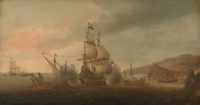Naval Battle Between Dutch Men Of War And Spanish Galleys