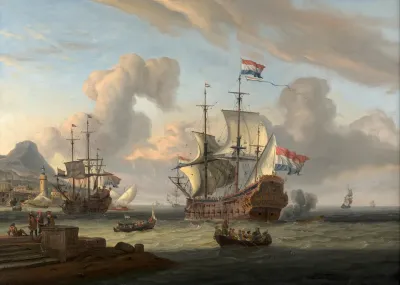 Navires De Guerre Hollandais Au Large Dun Rivage Mediterraneen