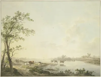 Nebliger Morgen An Einem Flusse Am Ufer Sieben Kuhe Zum Teil Im Wasser Stehend