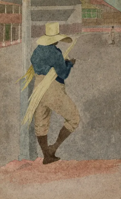 Negro Man In Straw Hat Standing Stripping Cane