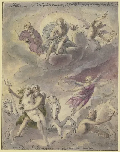 Neptun Und Amphitrite Mit Seegottern Pferden Und Der Schwebenden Fama In Den Wolken Jupiter Merkur Und Ein Dritter Gott