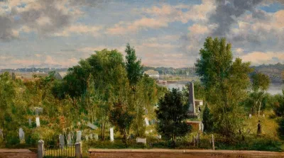 New England Landscape With Cemetery Possibly Medford Ma
