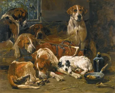 New Forest Buckhounds And A Terrier In Their Lodges After The Hunt