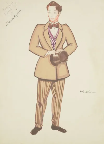 New York Fireman Brown Coat Checked Purple Waistcoat Striped Brown Trousers
