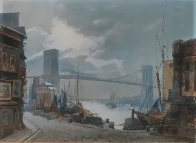 New York Scene View Of The Brooklyn Bridge Which Was Opened In 1883 South Street In The Foreground