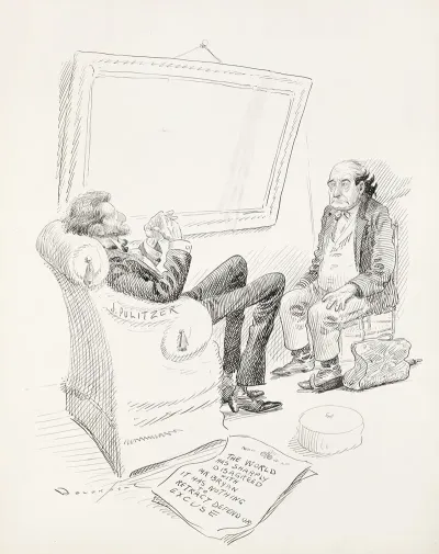 Newspaper Publisher J Pulitzer Sits With William Jennings Bryan Who Is Frowning