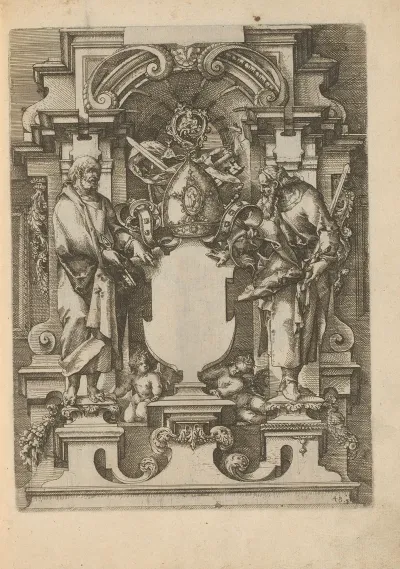 Niche With An Empty Cartouche Flanked By The Apostles Peter And Paul