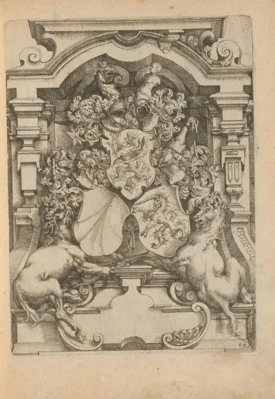 Niche With Three Coats Of Arms Flanked By Unicorns And Decorated Helmets