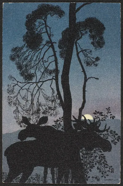 Night Motif With Moose In Silhouette In The Moonlight