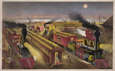 Night Scene At An American Railway Junction Lightning Express Flying Mail And Owl Trains On Time