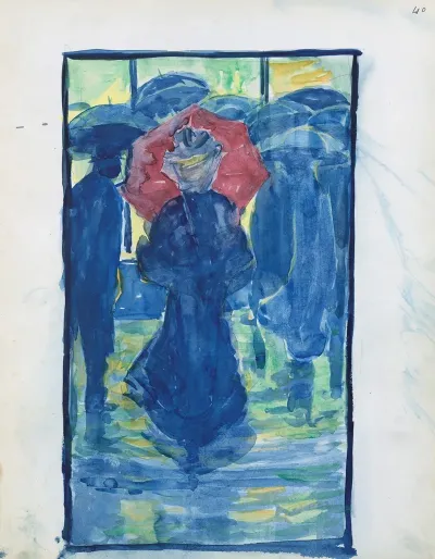 Night Scene With Figures Carrying Umbrellas