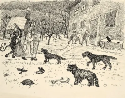Nikolaus Und Krampus In Landschaft Mit Kindern