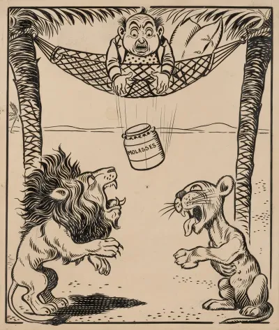 Nine Comic Strip Frames Of Man Dropping Molasses And Feathers On Lions Beneath His Hammock Pl 3