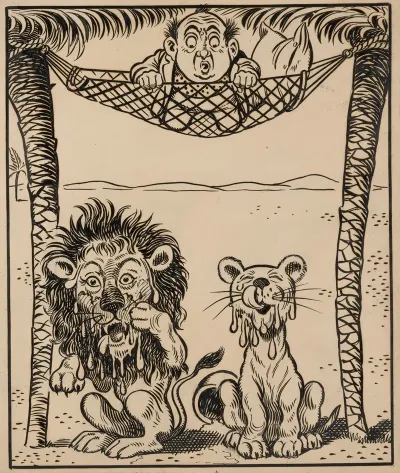 Nine Comic Strip Frames Of Man Dropping Molasses And Feathers On Lions Beneath His Hammock Pl 5