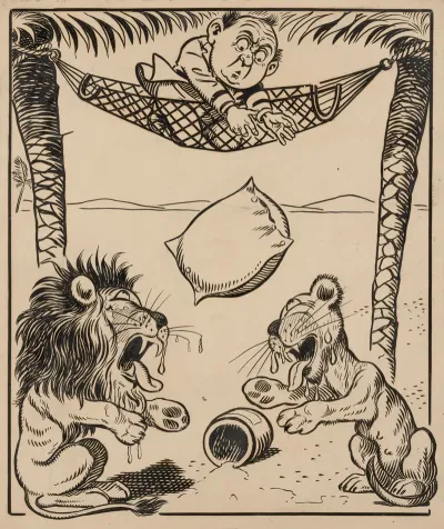 Nine Comic Strip Frames Of Man Dropping Molasses And Feathers On Lions Beneath His Hammock Pl 6