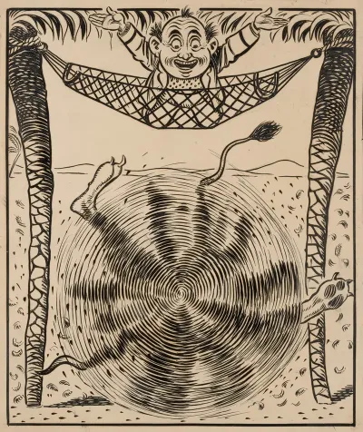 Nine Comic Strip Frames Of Man Dropping Molasses And Feathers On Lions Beneath His Hammock Pl 7