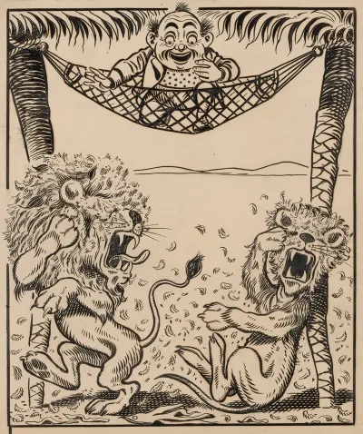Nine Comic Strip Frames Of Man Dropping Molasses And Feathers On Lions Beneath His Hammock Pl 8