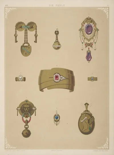 Nine Designs For Jewelry Including Gold Bracelet With Red Stone