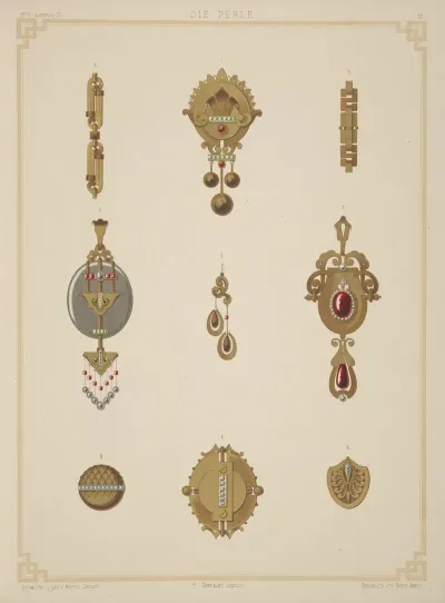 Nine Designs For Jewelry Including Gold Brooch With Green And Red Stones