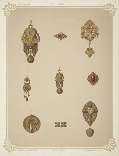 Nine Designs For Jewelry Including Gold Brooch With Green Stones And Word Hope