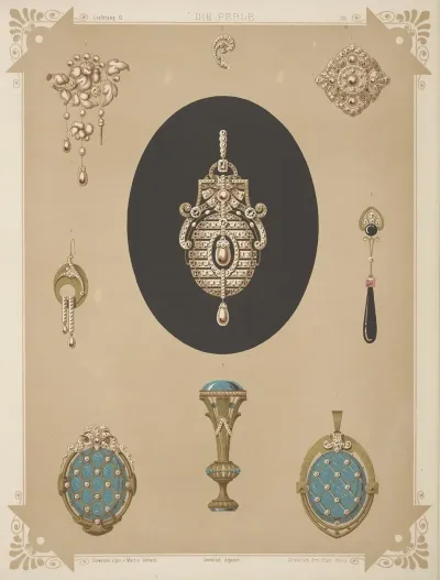 Nine Designs For Jewelry Including Large Brooch Of Pearls And Diamonds