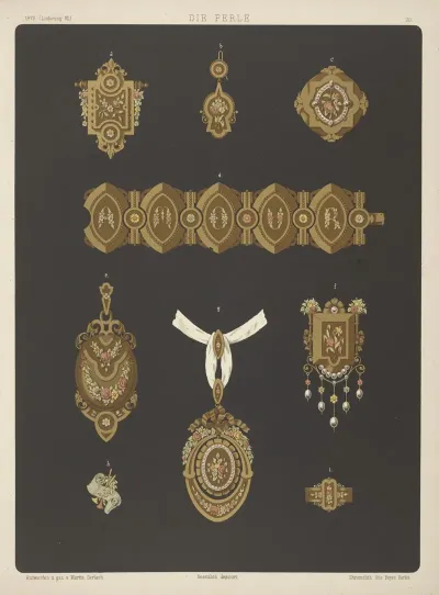 Nine Designs For Jewelry Including Large Gold Pendant With Green Yellow And Pink Flowers