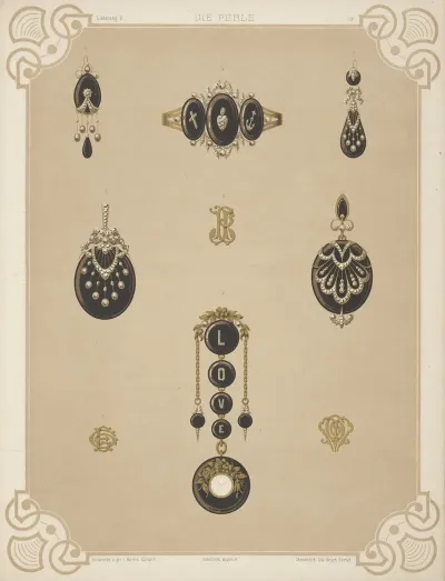 Nine Designs For Jewelry Including Pendant Watch With Word Love In Diamonds