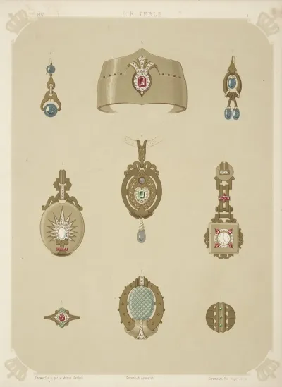 Nine Designs For Jewelry Including Pointed Gold Bracelet With Red Stone And Diamonds