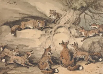 Nine Foxes Gathered Around A Tree An Illustration Of Aesops Fable The Fox Who Lost His Tail