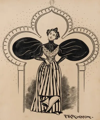 Nineteenth Century Woman With Enormous Sleeves Walking Through Doorway Shaped Like Her Dress