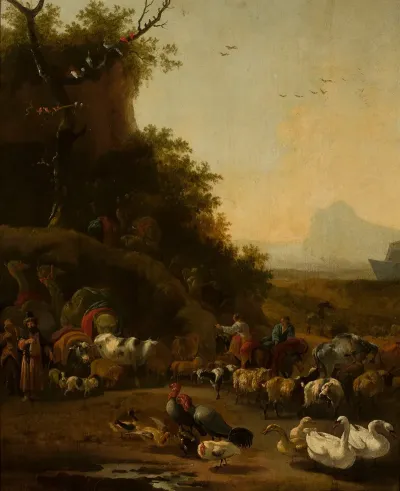 Noahs Family And Animals In Front Of The Ark