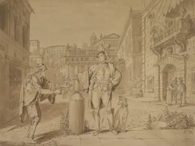 Nobleman Giving Alms To Beggar In Piazza Near The Coliseum