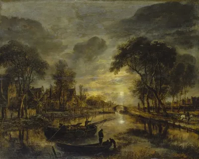 Nocturnal Canal Landscape With Fishing Boats