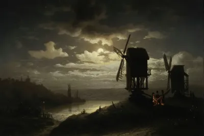 Nocturnal Landscape With Windmills