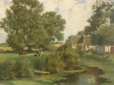 Norddeutsche Landschaft Mit Kuhen Und Reetgedeckten Hausern