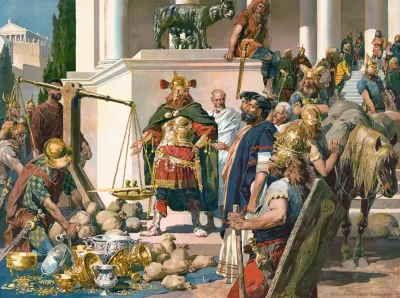 Nordic Military Men Negotiating With Romans Over Gold Silver Bowls And Coins