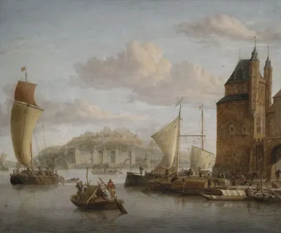Nordlicher Hafen An Einem Schloss Mit Zahlreichen Lastbooten Und Kaufleuten