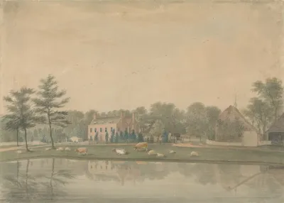North East View Of A House At Ringmer With Cattle And Sheep By A Pond