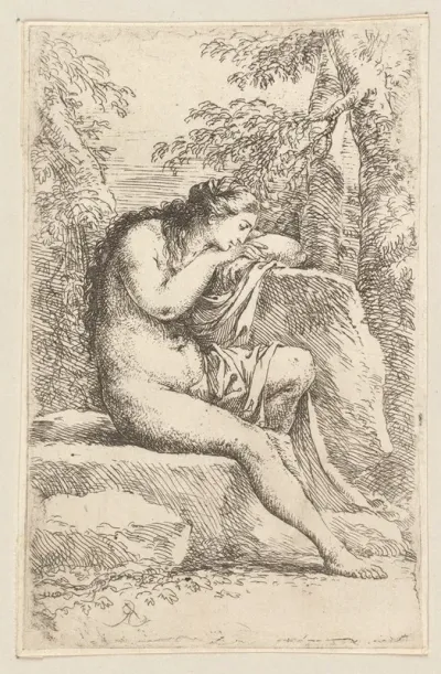 Nude In Contemplation Seated On A Rocky Ledge