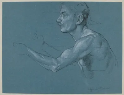 Nude Male In Half Length Portrait With His Hands Stretched Forward