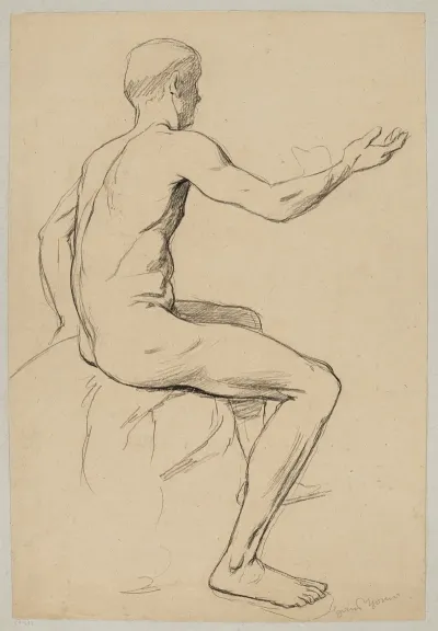 Nude Male Sitting With His Right Hand Extended Shown In Profile
