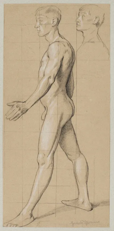 Nude Male Walking In Profile In The Top Right Corner Repetition Of His Head