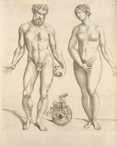 Nude Male With An Apple In His Left Hand And A Modest Female