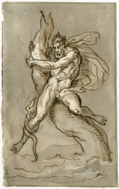 Nude Man Holding On To A Tree While Being Attacked By A Snake