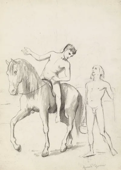 Nude Man Riding A Horse Leaning Over An Accompanying Him Nude Young Man With A Basket